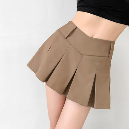 Damen-Minirock in A-Linie mit V-Ausschnitt, Falten und integrierten Shorts – Moderner Stil