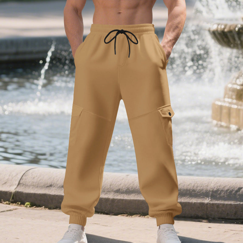 Men's Work Pants with Loose Leg Cuffs, Multiple Pockets, and Ankle Bands