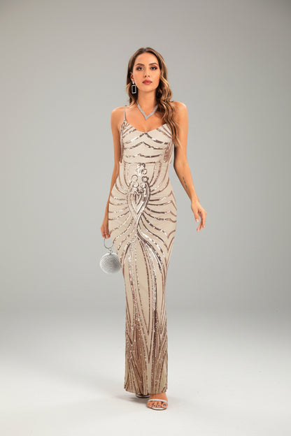 Women's summer long dress with geometric pattern and stretchy straps