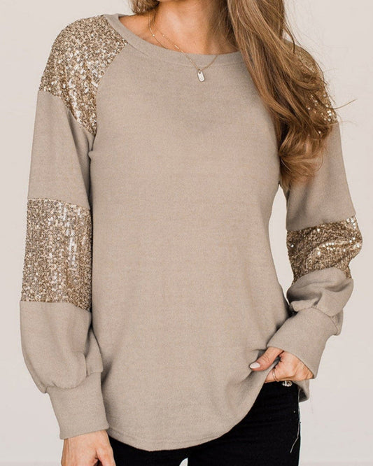 Damenpullover mit Pailletten, beige, lange Ärmel, Glitzer-Details an Schultern und Ärmeln, modisch, elegant, ideal für Herbstmode.