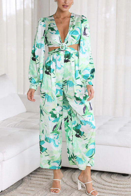 Damen Jumpsuit rückenfrei mit Blumenmuster und hoher Taille