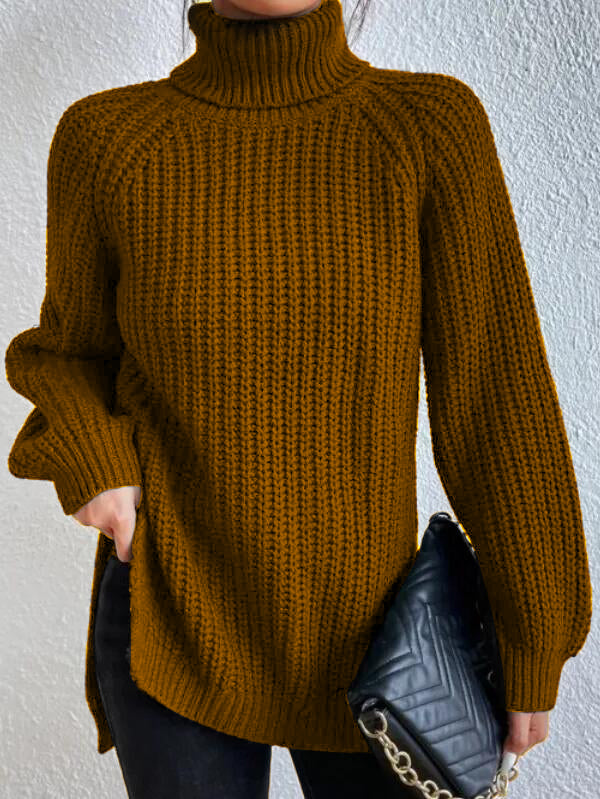 Women's Turtleneck Sweater with Raglan Sleeves and Slit Hem – Cotton Blend