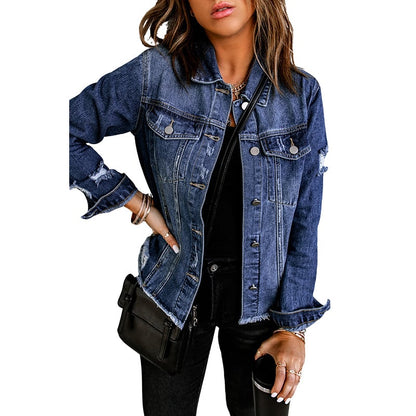 Women's autumn jacket in denim blend with button placket and long sleeves
