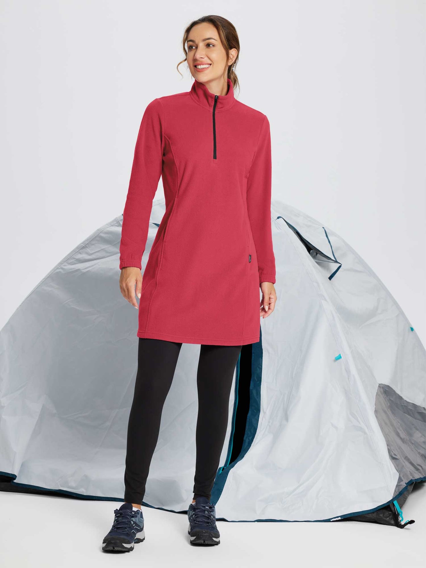 Women's Winter Tunic Dress with Quarter Zipper, High Collar, and Kangaroo Pocket