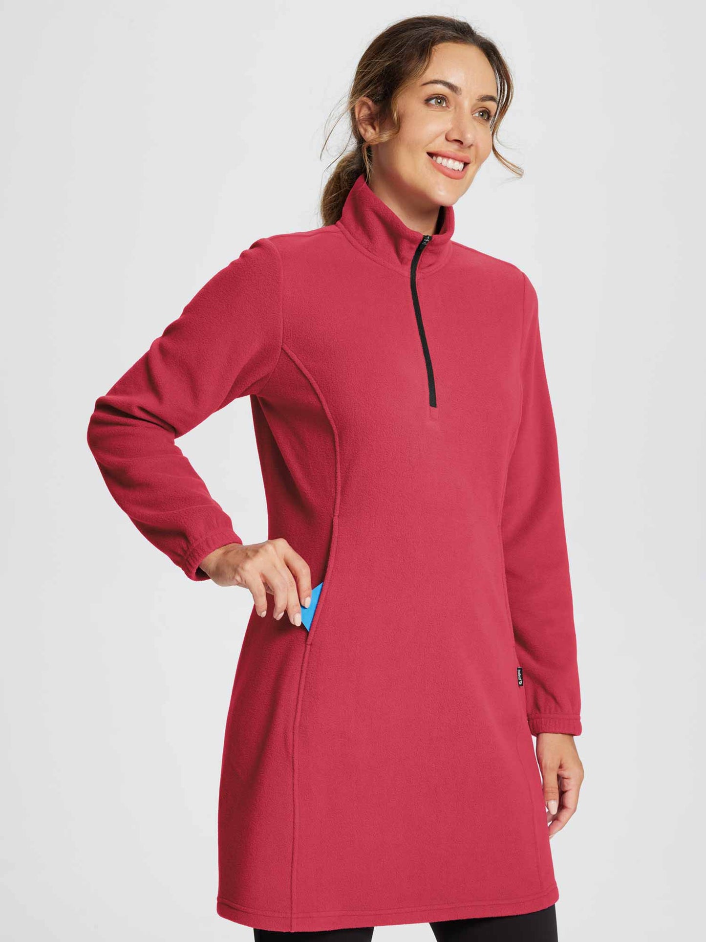 Women's Winter Tunic Dress with Quarter Zipper, High Collar, and Kangaroo Pocket