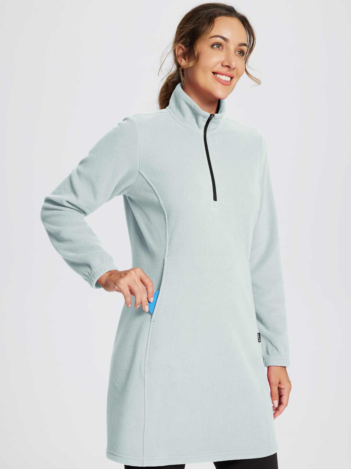 Women's Winter Tunic Dress with Quarter Zipper, High Collar, and Kangaroo Pocket