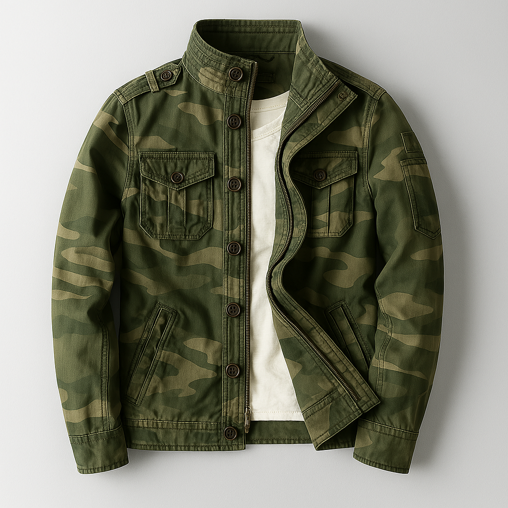 Grüne Camouflage-Jacke mit Knopfleiste und Brusttaschen auf weißem Hintergrund. Modische Herrenjacke, ideal für Outdoor-Aktivitäten.