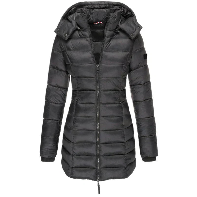 Schwarze Damen-Daunenjacke mit Kapuze, Reißverschluss und Steppdesign. Winterjacke, warm, modisch, ideal für kalte Temperaturen.