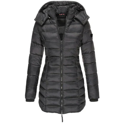 Schwarze Damen-Daunenjacke mit Kapuze, Reißverschluss und Steppdesign. Winterjacke, warm, modisch, ideal für kalte Temperaturen.