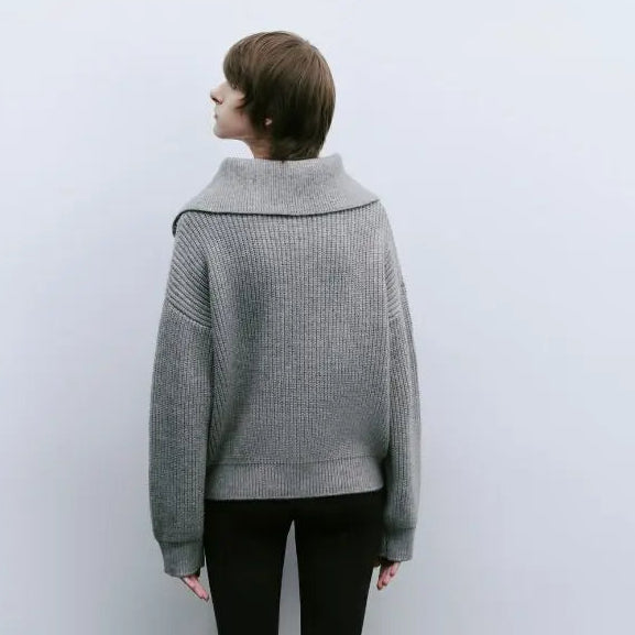 Women's Knit Sweater with Zipper Collar Long Sleeve