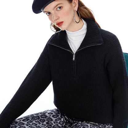 Women's Knit Sweater with Zipper Collar Long Sleeve