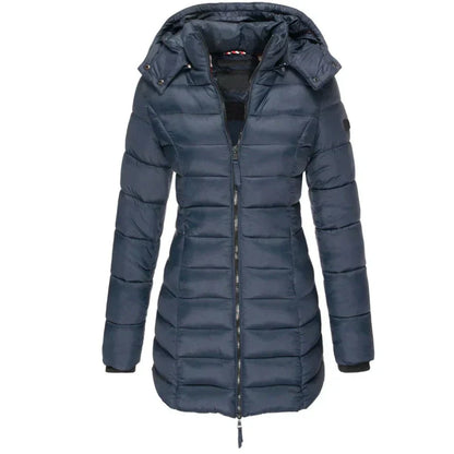 Dunkelblaue Damen-Winterjacke mit Kapuze, gesteppter Daunenmantel, Reißverschluss, warm, modisch, ideal für kalte Temperaturen.