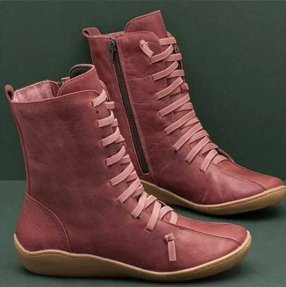 Damenstiefel aus rotem Leder mit Schnürung und Reißverschluss, flache Sohle, modisch, bequem, ideal für Herbst und Winter.