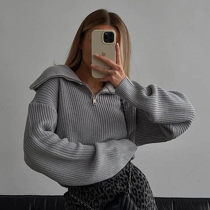 Women's Knit Sweater with Zipper Collar Long Sleeve
