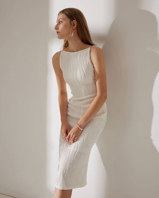 Damen Midikleid mit Wasserwellen-Struktur und Trägern mit Perlendetails