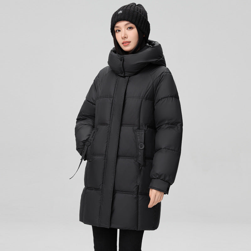 Women's mid-length winter down jacket with pockets and long sleeves