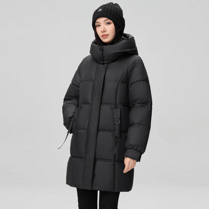 Women's mid-length winter down jacket with pockets and long sleeves