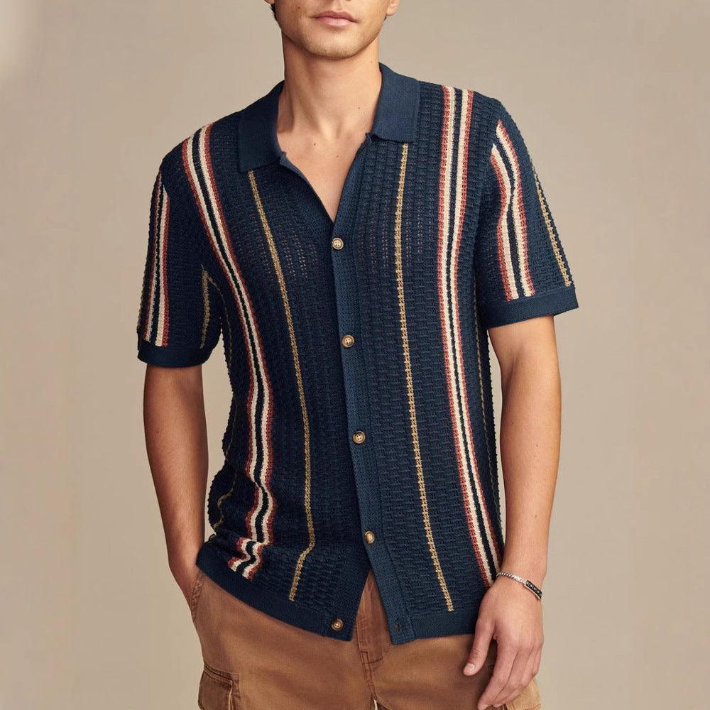 Herren Sommer Gestreifter Strick-Polo-Cardigan Mit Kurzen Ärmeln Im Britischen Stil