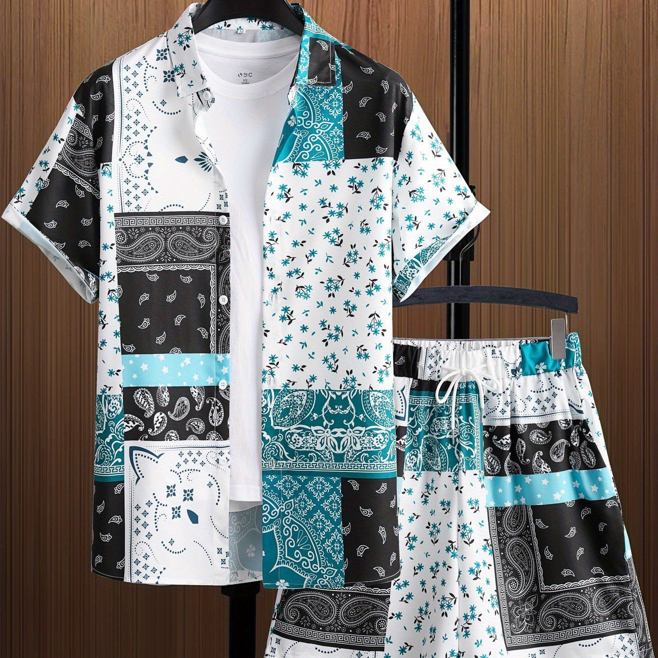 Men's Hawaiian Shirt with Lapel Button and Shorts, Two-Piece Set, Short Sleeve, Lightweight Polyester Fabric, Various Sizes