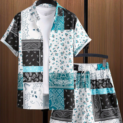 Men's Hawaiian Shirt with Lapel Button and Shorts, Two-Piece Set, Short Sleeve, Lightweight Polyester Fabric, Various Sizes