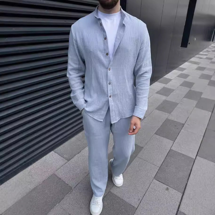 Herren Langarm-Zweiteiler-Set: Hemd Und Kurze Hose, Einfarbig, Mehrfarbig, Leichtes, Aufeinander Abgestimmtes Outfit