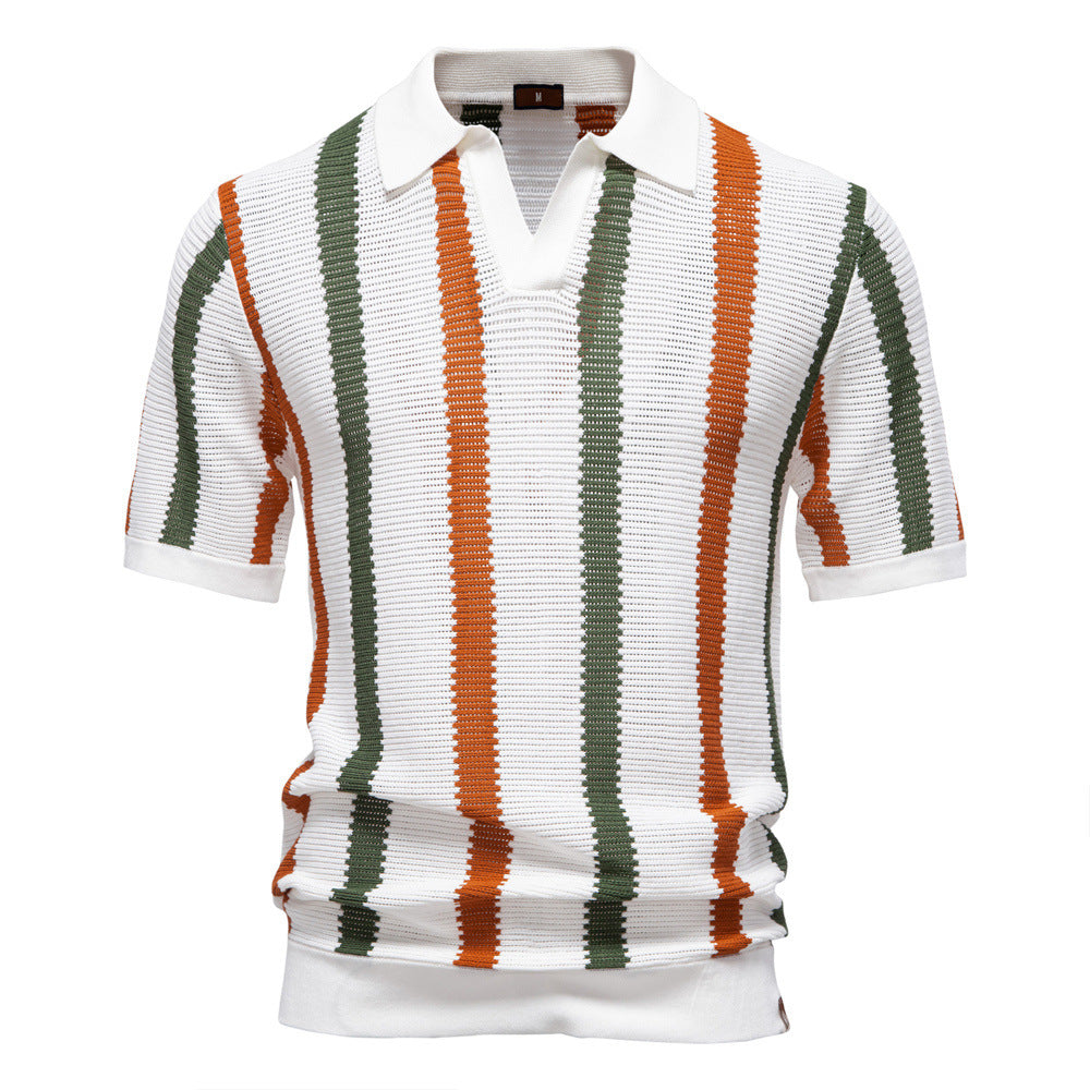 Herren Sommer Gestreifter Kurzarm-Polopullover Mit Lochmuster, Strickmuster, Ideal Für Business Und Pendler