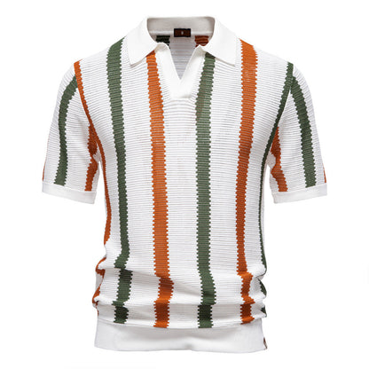 Herren Sommer Gestreifter Kurzarm-Polopullover Mit Lochmuster, Strickmuster, Ideal Für Business Und Pendler