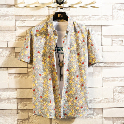 Herren Sommerhemd Mit Blumenmuster, Kurzarm, Reverskragen, Schmaler Passform, Cardigan-Stil, Mehrfarbig