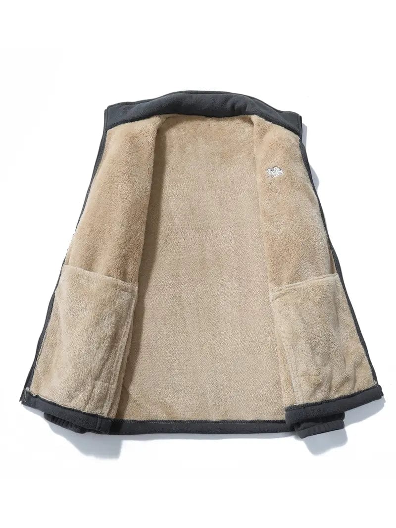 Beige gefütterte Weste mit weichem Fleece-Innenfutter, offener Vorderseite und zwei großen Taschen, ideal für kaltes Wetter und Outdoor-Aktivitäten.