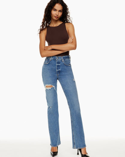 Damen-Jeans mit hohem Bund, geradem Bein und Riss-Details aus Denim-Mix