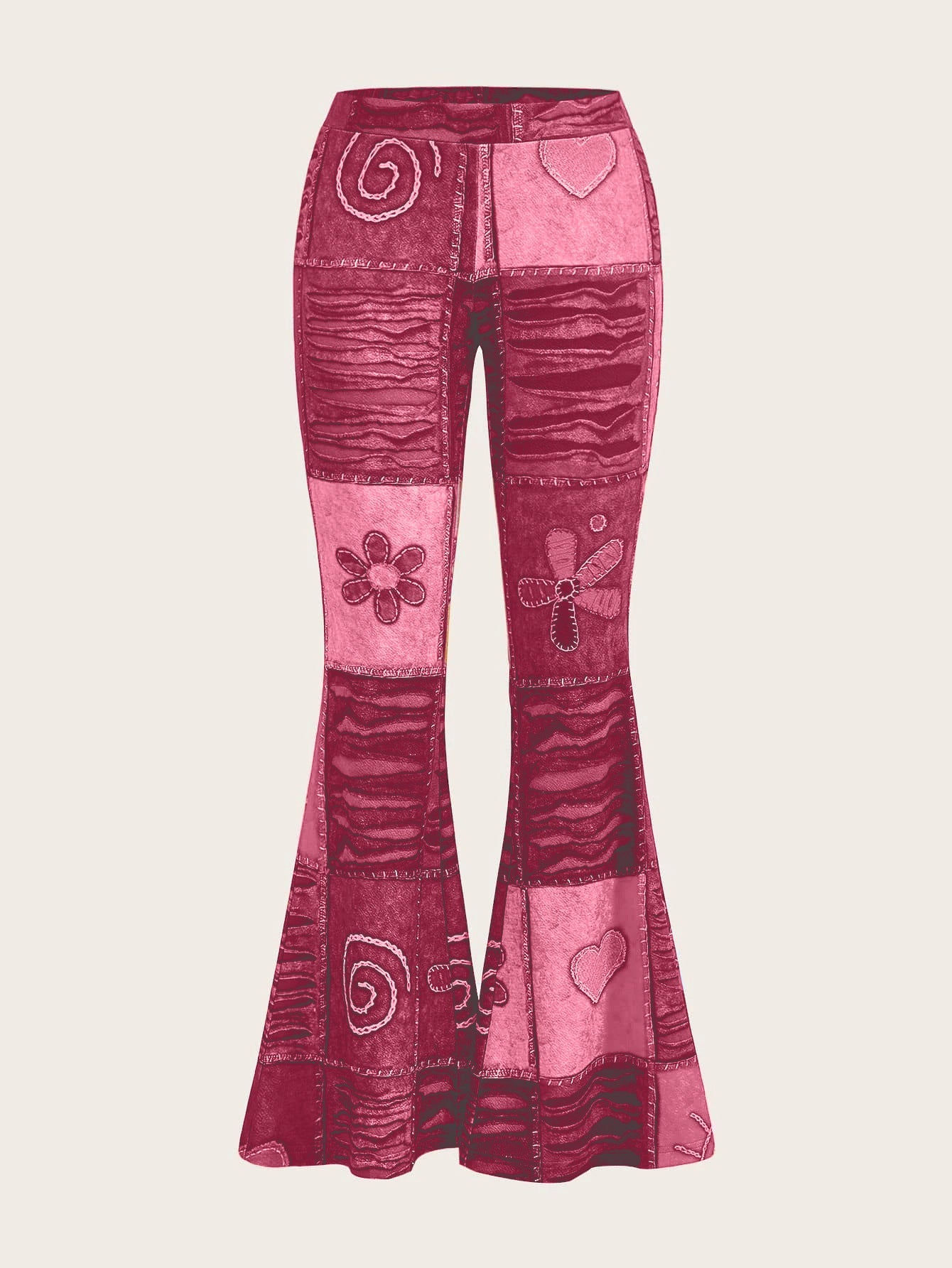 Women's bootcut trousers with print, abstract pattern, mid-rise waistband