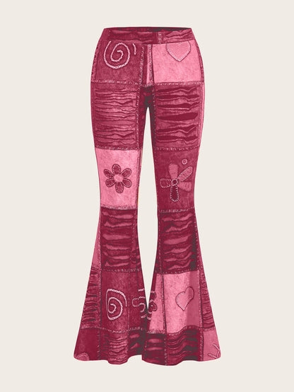 Women's bootcut trousers with print, abstract pattern, mid-rise waistband