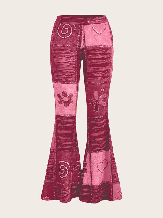 Women's bootcut trousers with print, abstract pattern, mid-rise waistband