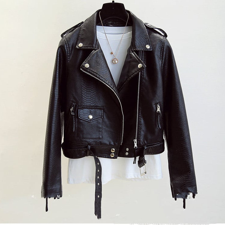 Women's Slim-Fit Biker Jacket with Snake Print, Notch Collar, and Zipper