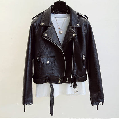 Women's Slim-Fit Biker Jacket with Snake Print, Notch Collar, and Zipper