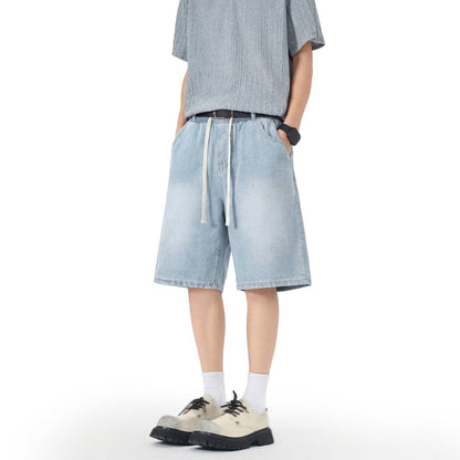 Men's denim shorts with stretch waistband, straight leg, and shortened fit