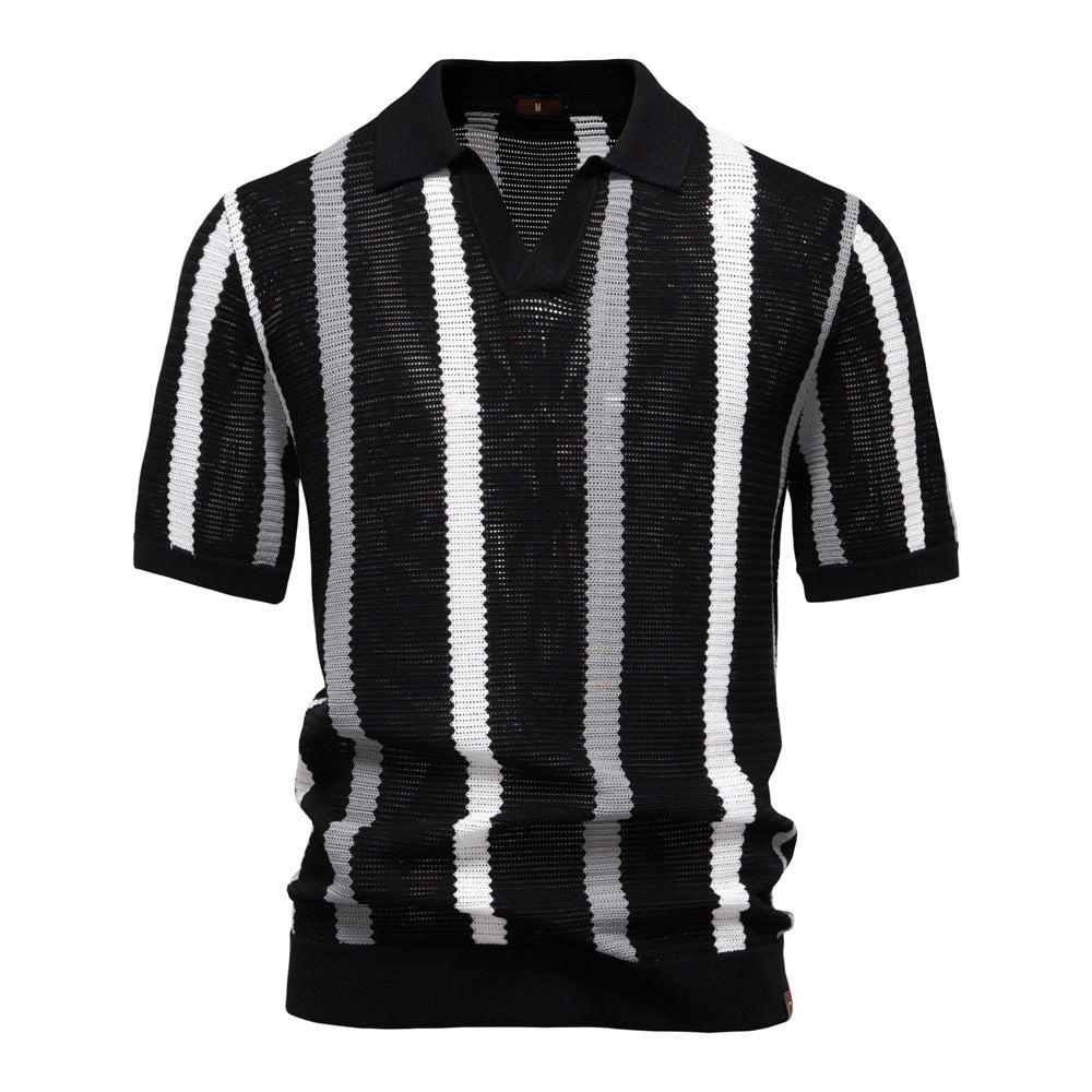 Herren Sommer Gestreifter Kurzarm-Polopullover Mit Lochmuster, Strickmuster, Ideal Für Business Und Pendler
