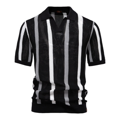 Herren Sommer Gestreifter Kurzarm-Polopullover Mit Lochmuster, Strickmuster, Ideal Für Business Und Pendler