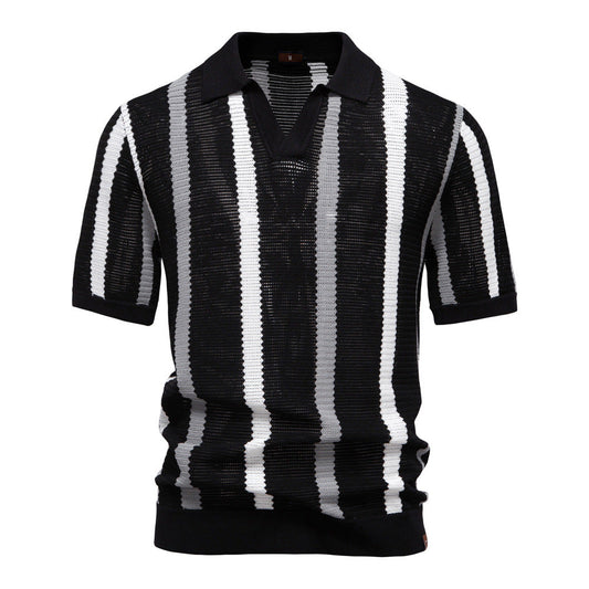 Herren Sommer Gestreifter Kurzarm-Polopullover Mit Lochmuster, Strickmuster, Ideal Für Business Und Pendler