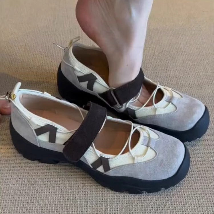 Damen Mary Jane Schuhe Mit Klettverschluss, Dicker Sohle Und Runder Zehenpartie