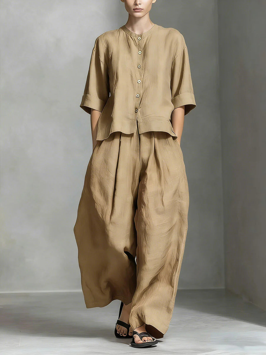 Zweiteiliges Set Aus Damenbluse Im Leinenstil Aus Baumwollmischgewebe Und Locker Sitzender Langer Hose