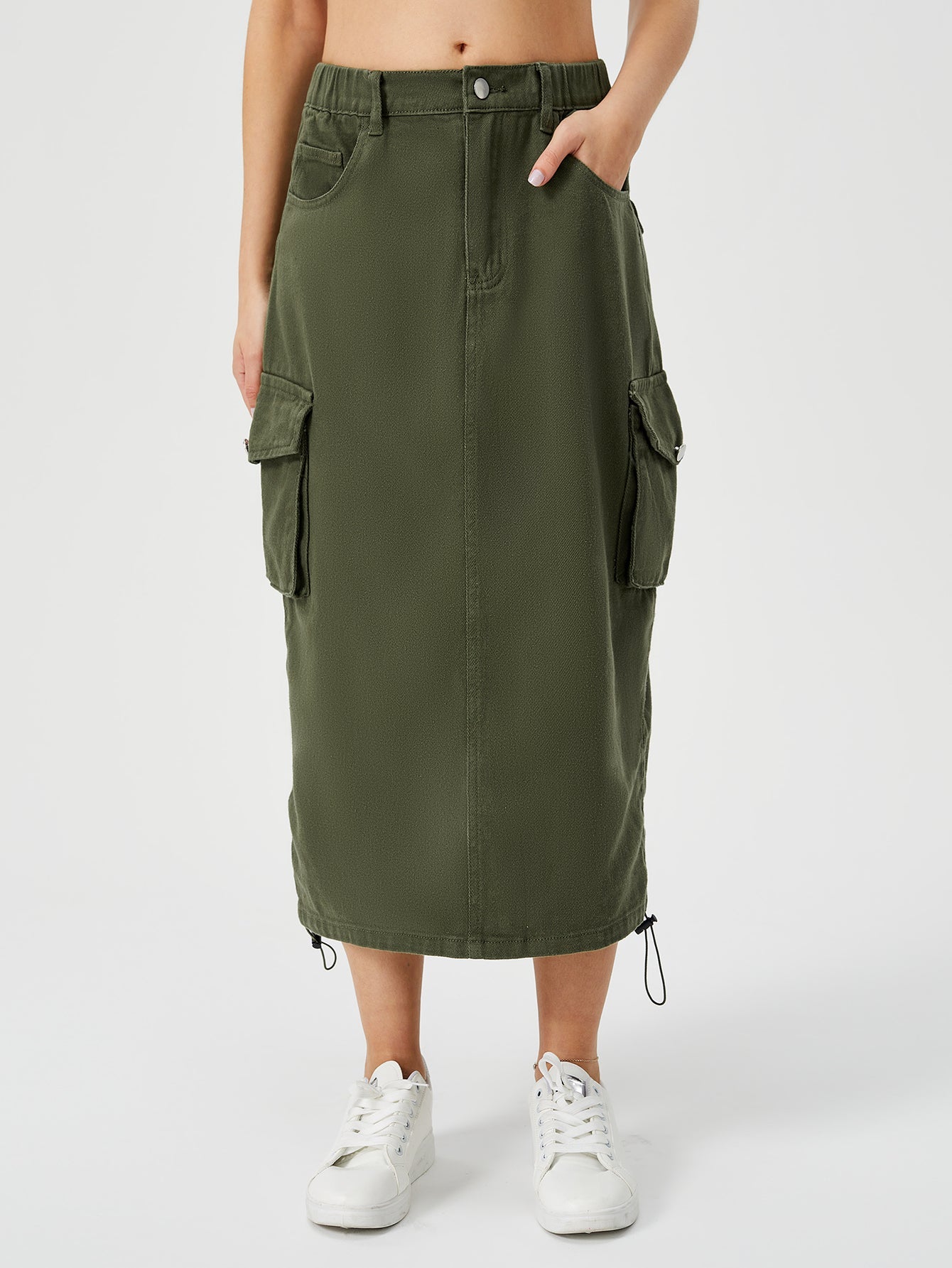 Damen Cargo-Midirock mit hohem Bund, Frontschlitz und mehreren Taschen