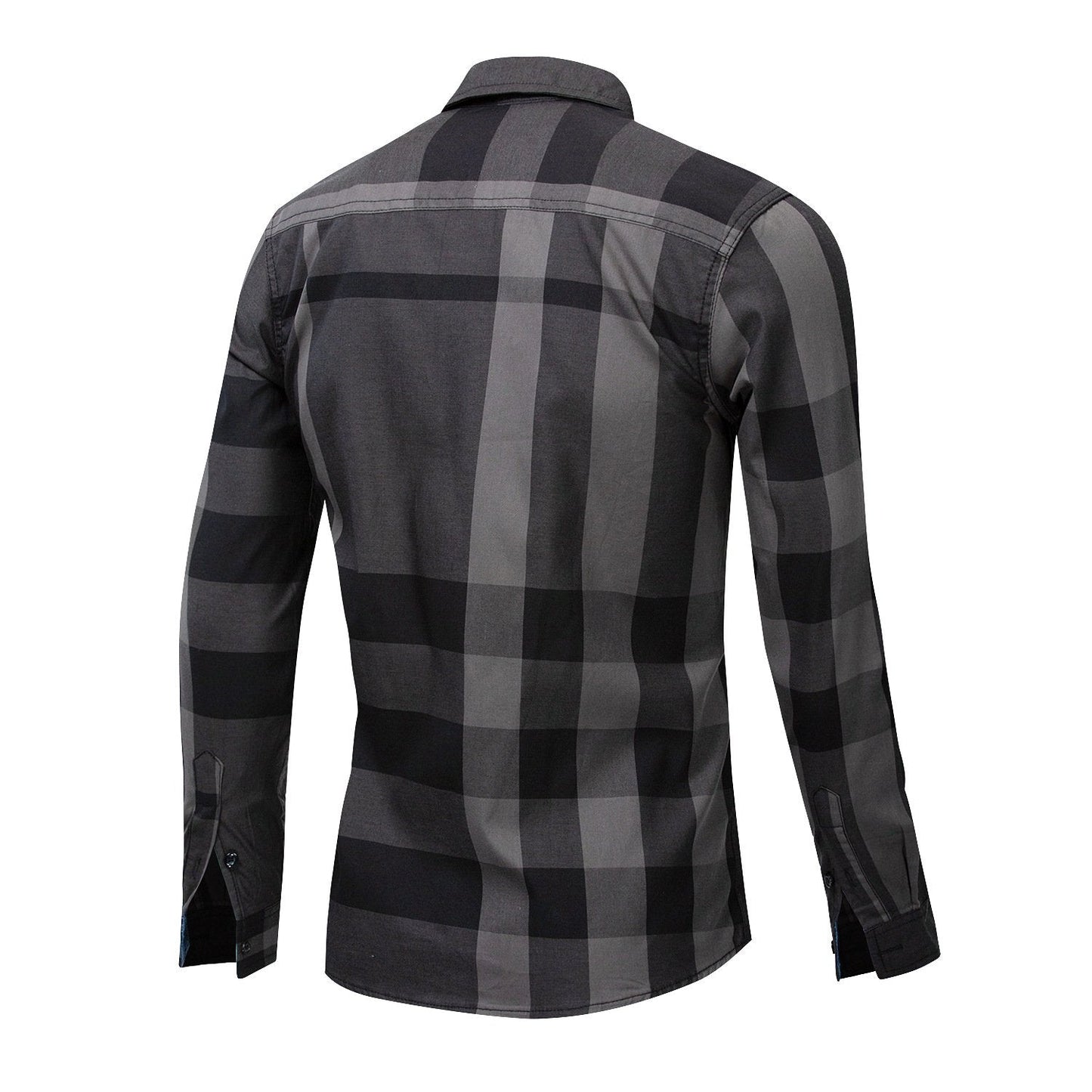 Men's long-sleeve cardigan shirt with checkered pattern and color block design