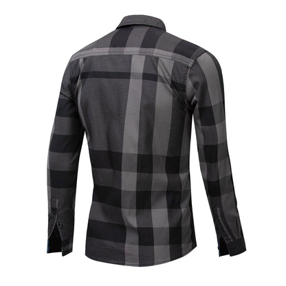 Men's long-sleeve cardigan shirt with checkered pattern and color block design