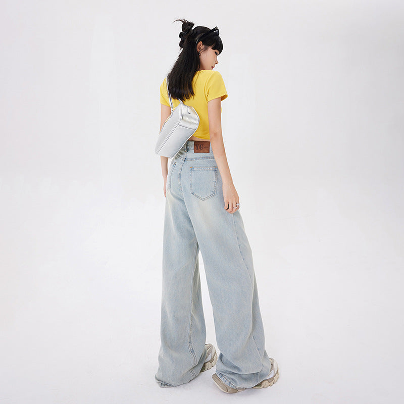 Damen-Jeans mit hohem Bund und weitem Bein – Retro-Design – Denim-Mix Stil
