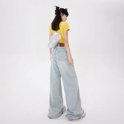 Damen-Jeans mit hohem Bund und weitem Bein – Retro-Design – Denim-Mix Stil