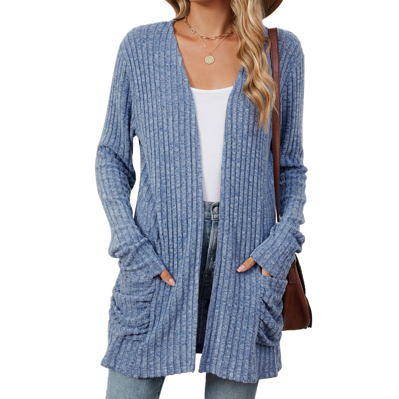 Women's knitted jacket with long sleeves, plain, with pockets