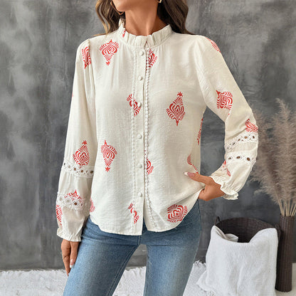 Women's Long-Sleeve Shirt with Ethnic Pattern and Standing Collar