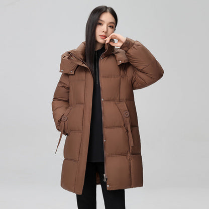 Women's mid-length winter down jacket with pockets and long sleeves