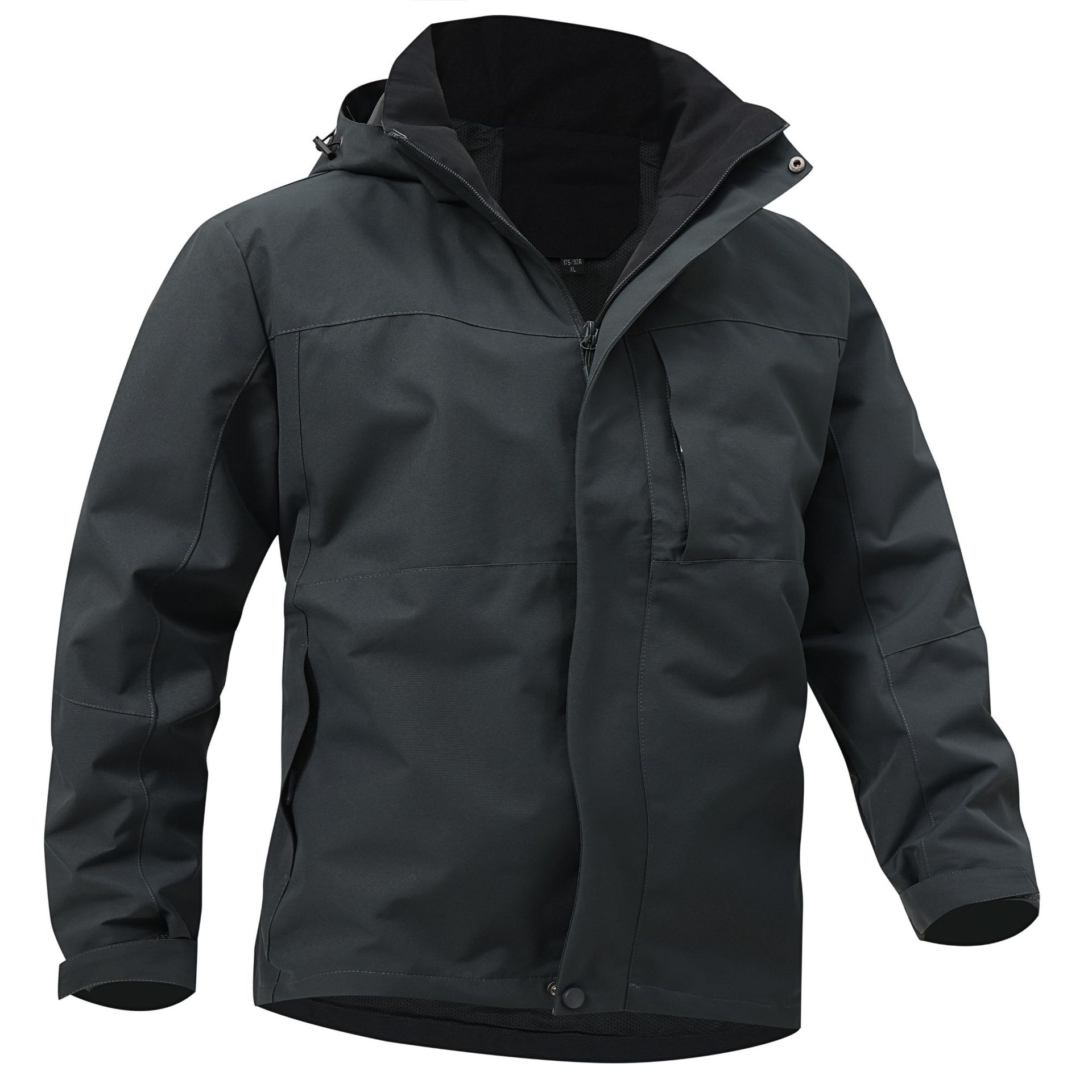 Schwarze wasserdichte Outdoor-Jacke mit Kapuze, Reißverschluss und Brusttasche. Ideal für Wandern und Trekking bei jedem Wetter.